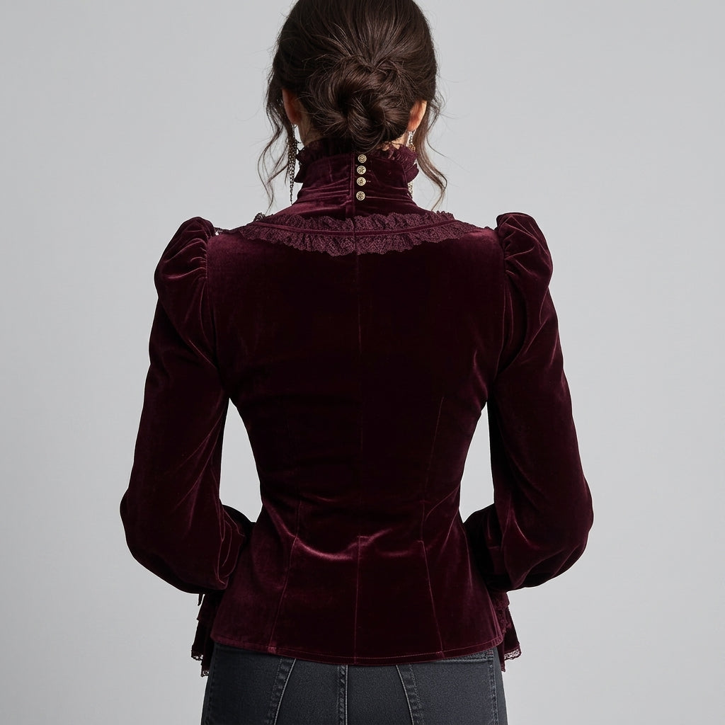 Joanna - Women's Vintage Velvet Tie-Neck Lace Cuff Blouse