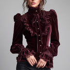 Joanna - Women's Vintage Velvet Tie-Neck Lace Cuff Blouse