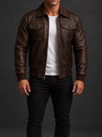 Joaquin - Men's Zip-Front Leather Jacket with Ribbed Trim