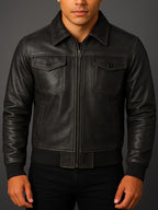 Joaquin - Men's Zip-Front Leather Jacket with Ribbed Trim