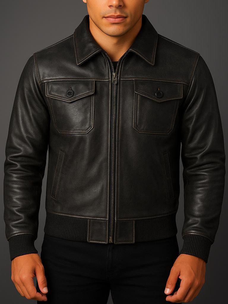 Joaquin - Men's Zip-Front Leather Jacket with Ribbed Trim