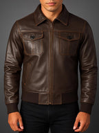 Joaquin - Men's Zip-Front Leather Jacket with Ribbed Trim