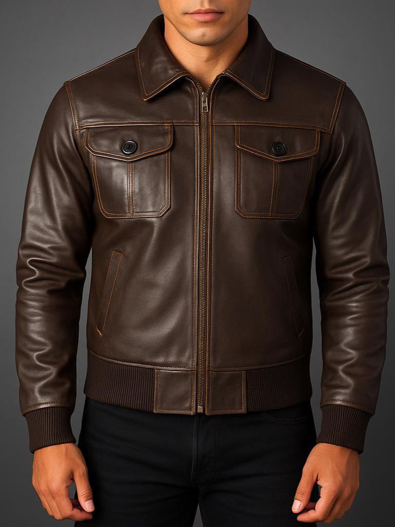 Joaquin - Men's Zip-Front Leather Jacket with Ribbed Trim