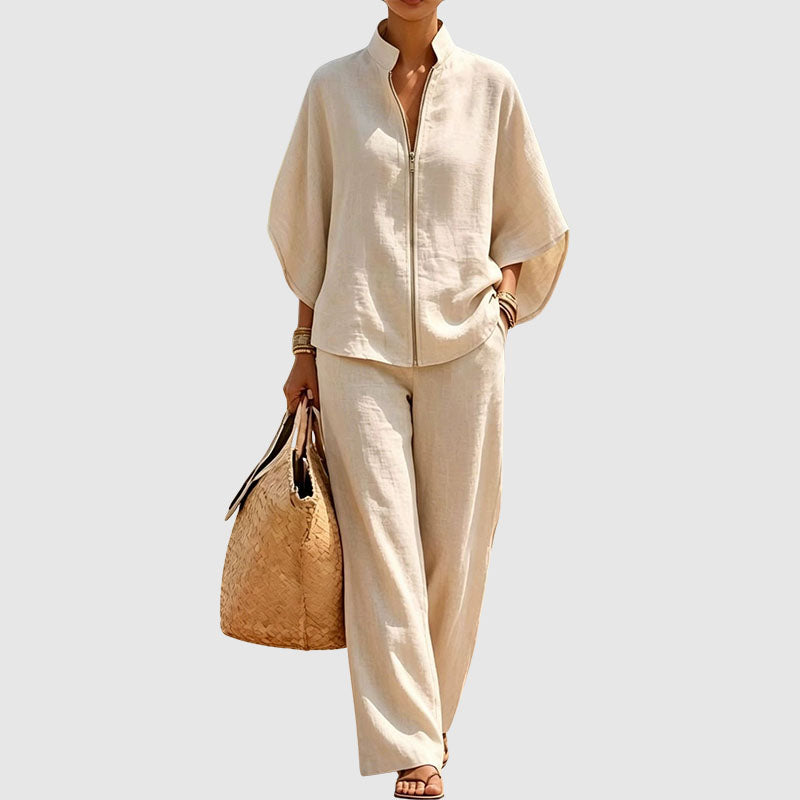 Joyce - Women’s Linen-Look Zip-Front Lounge Set