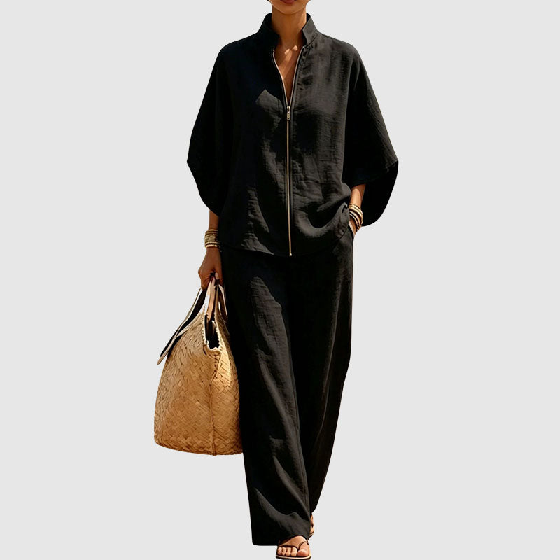 Joyce - Women’s Linen-Look Zip-Front Lounge Set