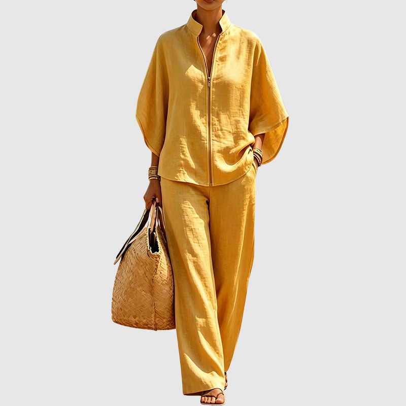 Joyce - Women’s Linen-Look Zip-Front Lounge Set