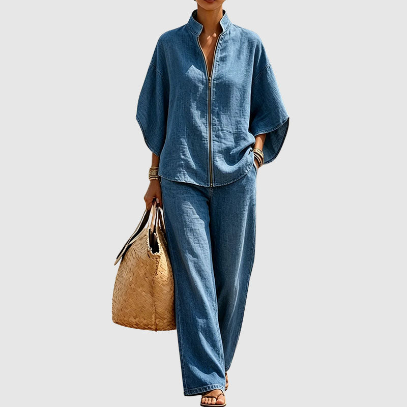 Joyce - Women’s Linen-Look Zip-Front Lounge Set