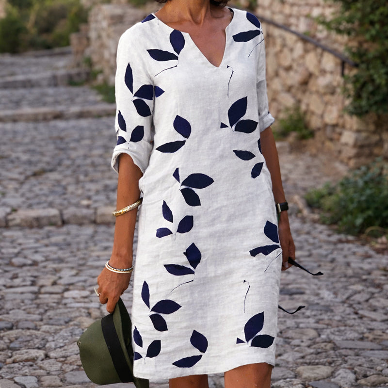 Julia - Women's Casual V-Neck Leaf Pattern Midi Dress