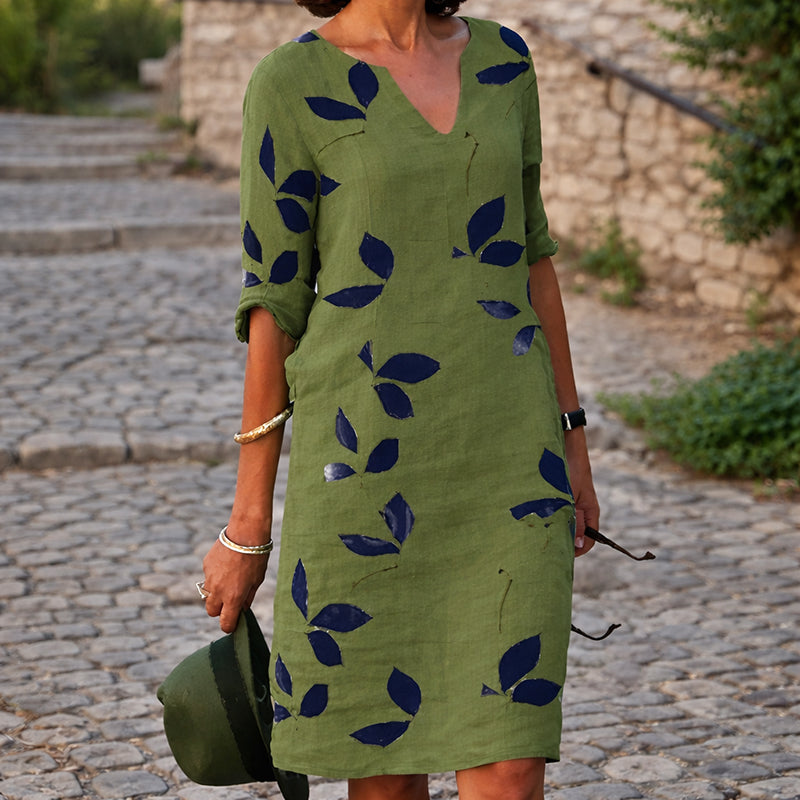 Julia - Women's Casual V-Neck Leaf Pattern Midi Dress