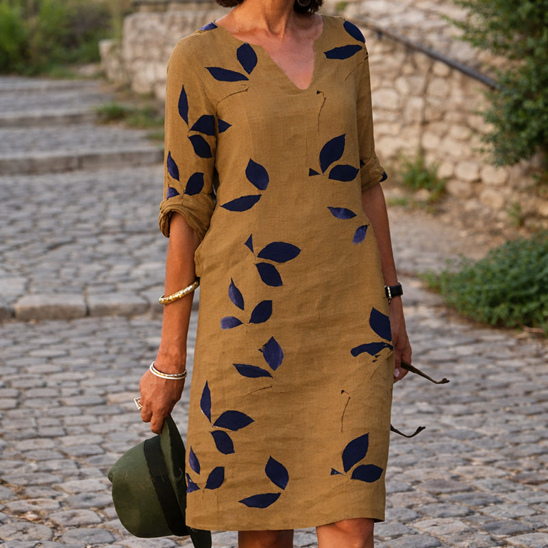 Julia - Women's Casual V-Neck Leaf Pattern Midi Dress