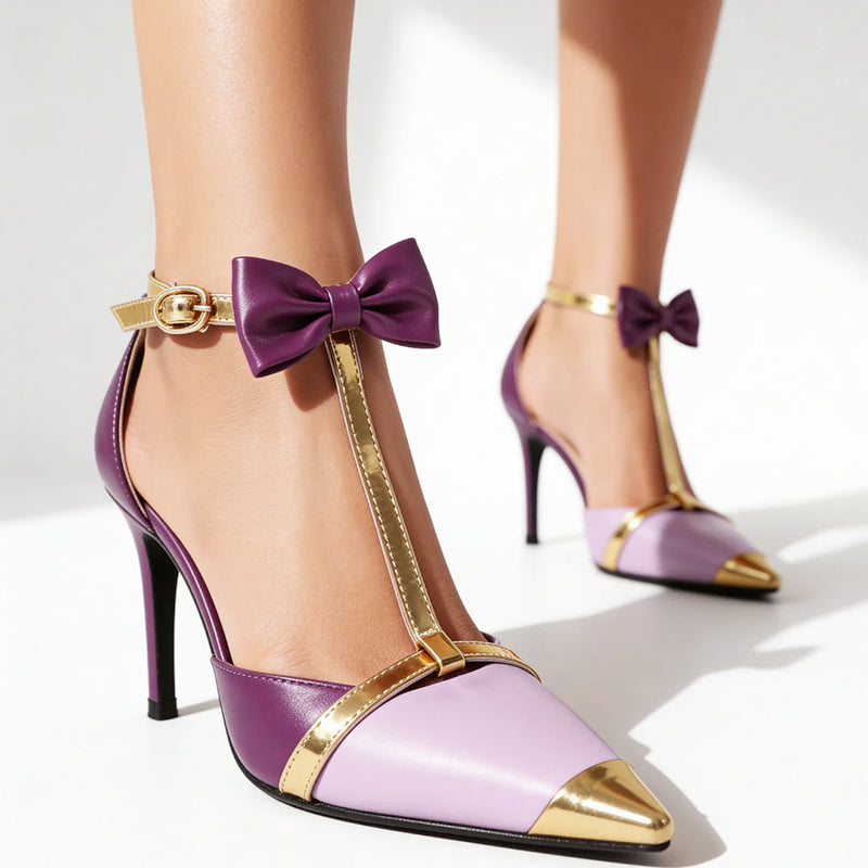 Julianna - Women's Bow Detail T-Strap Pointed Heels