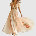 Julie - Women’s Pleated V-Neck Floral Boho Maxi Dress