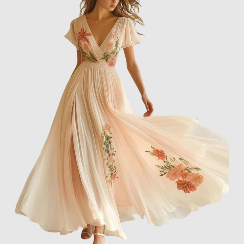 Julie - Women’s Pleated V-Neck Floral Boho Maxi Dress