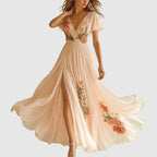 Julie - Women’s Pleated V-Neck Floral Boho Maxi Dress