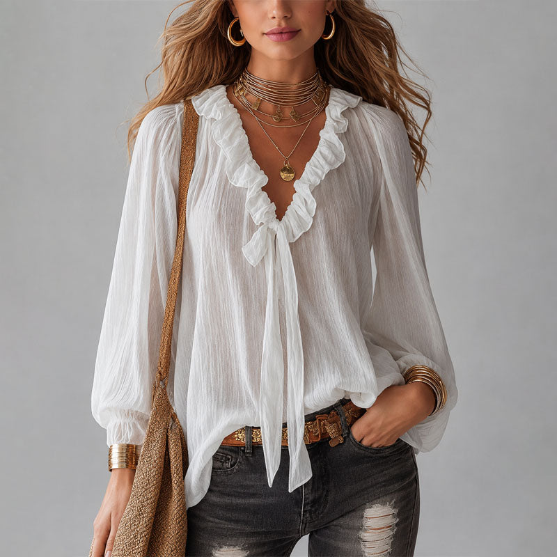 Katalina - Women's Ruffle Tie-Neck Boho Blouse