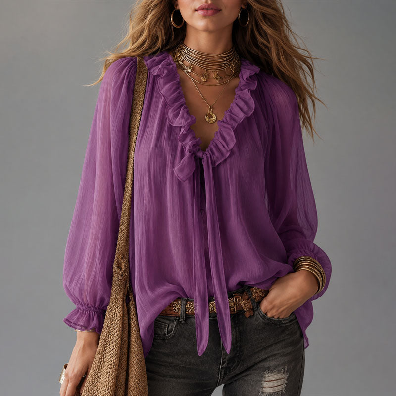 Katalina - Women's Ruffle Tie-Neck Boho Blouse