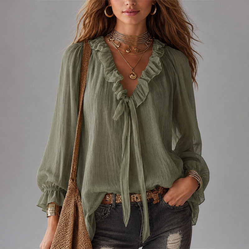 Katalina - Women's Ruffle Tie-Neck Boho Blouse