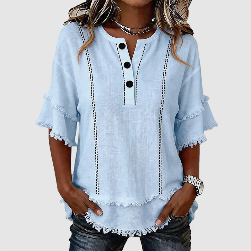 Kaylani - Women’s Boho Fringe Hem Button Blouse