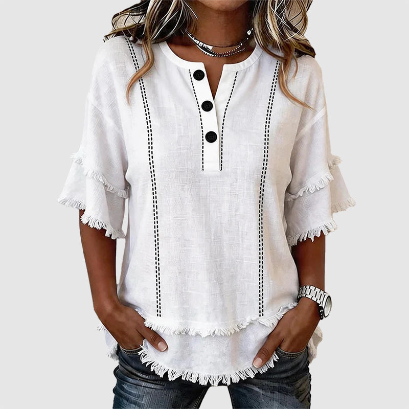 Kaylani - Women’s Boho Fringe Hem Button Blouse