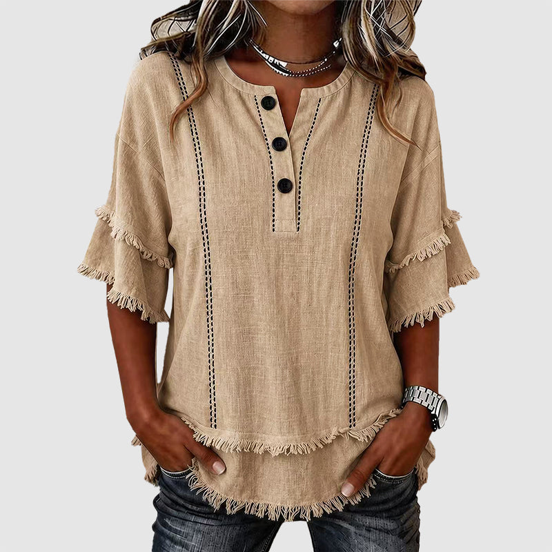 Kaylani - Women’s Boho Fringe Hem Button Blouse