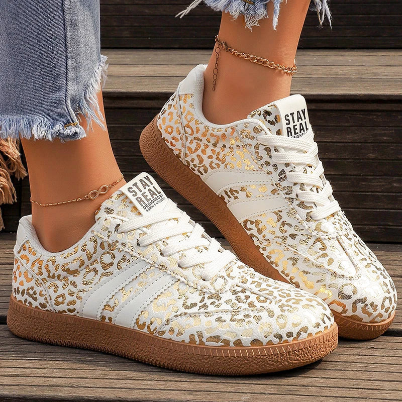 Kaylee - Women's Metallic Leopard Print Lace-Up Sneakers