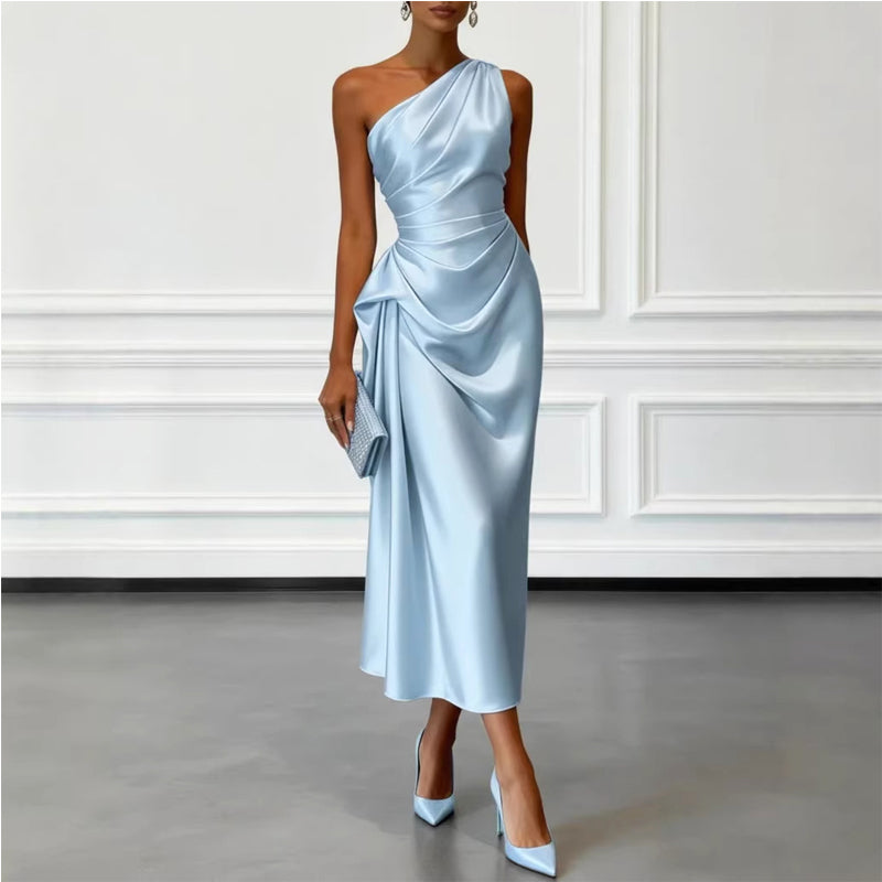 Kendall - Women's One-Shoulder Satin Draped Midi Dress