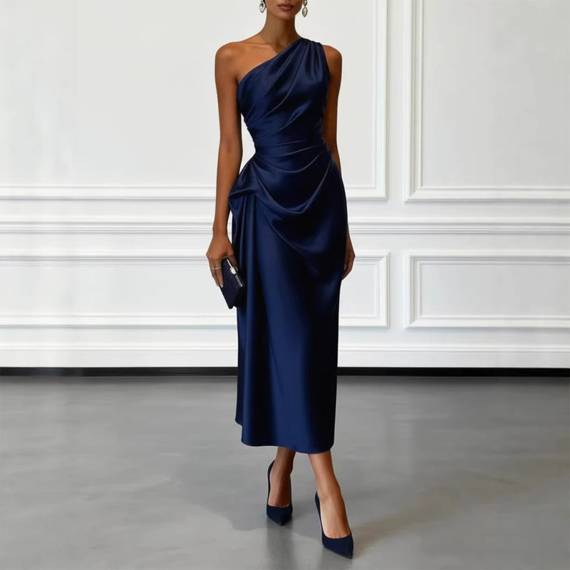 Kendall - Women's One-Shoulder Satin Draped Midi Dress