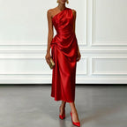 Kendall - Women's One-Shoulder Satin Draped Midi Dress