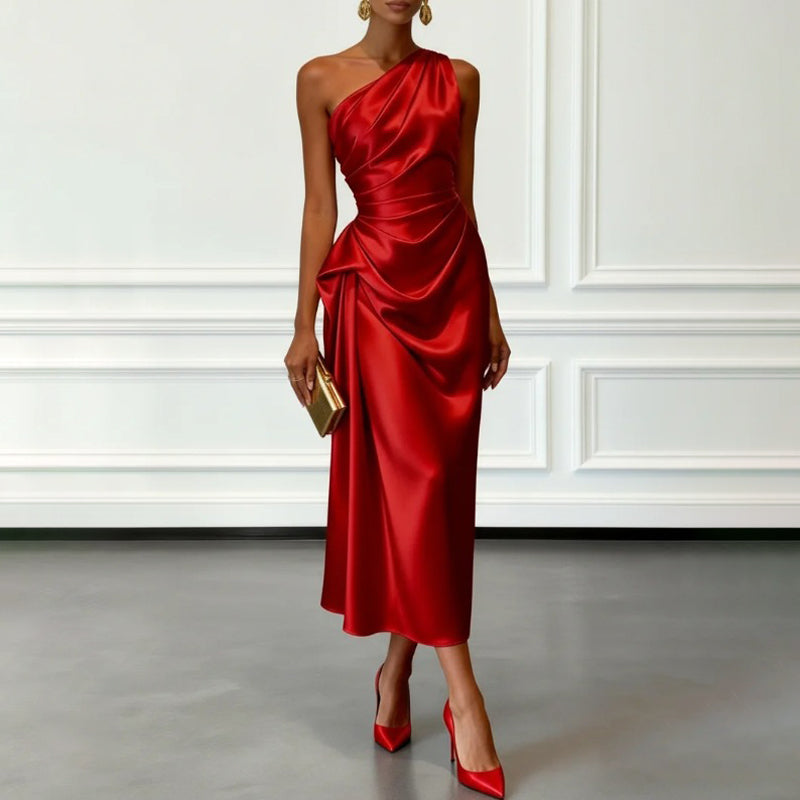 Kendall - Women's One-Shoulder Satin Draped Midi Dress