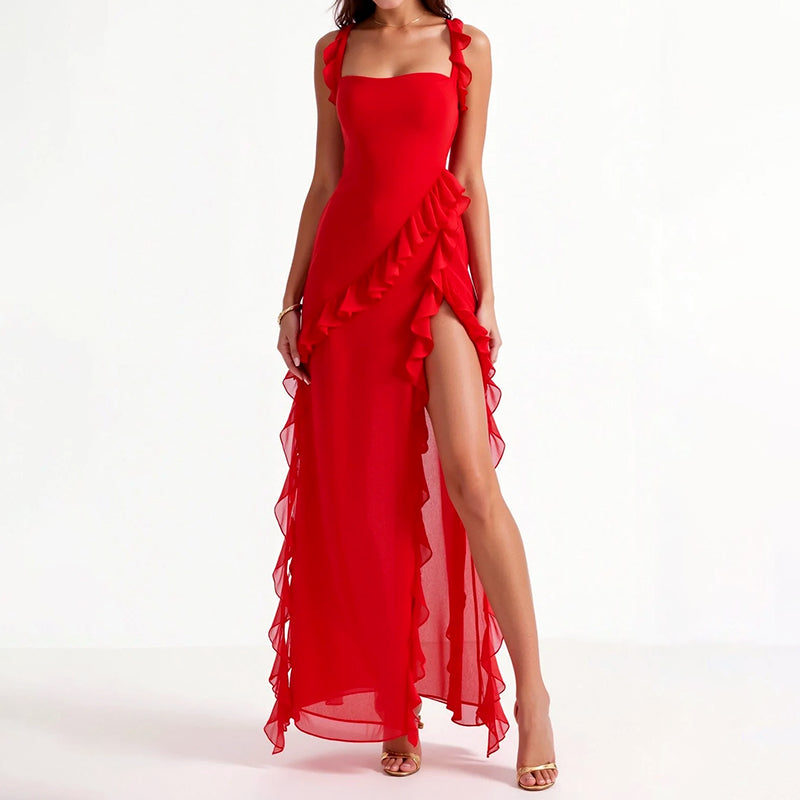 Kennedy - Women's Asymmetrical Ruffle Detail Maxi Dress