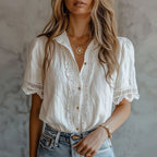 Kenzie - Women's Lace Trim Button-Up Boho Blouse