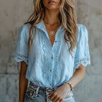 Kenzie - Women's Lace Trim Button-Up Boho Blouse
