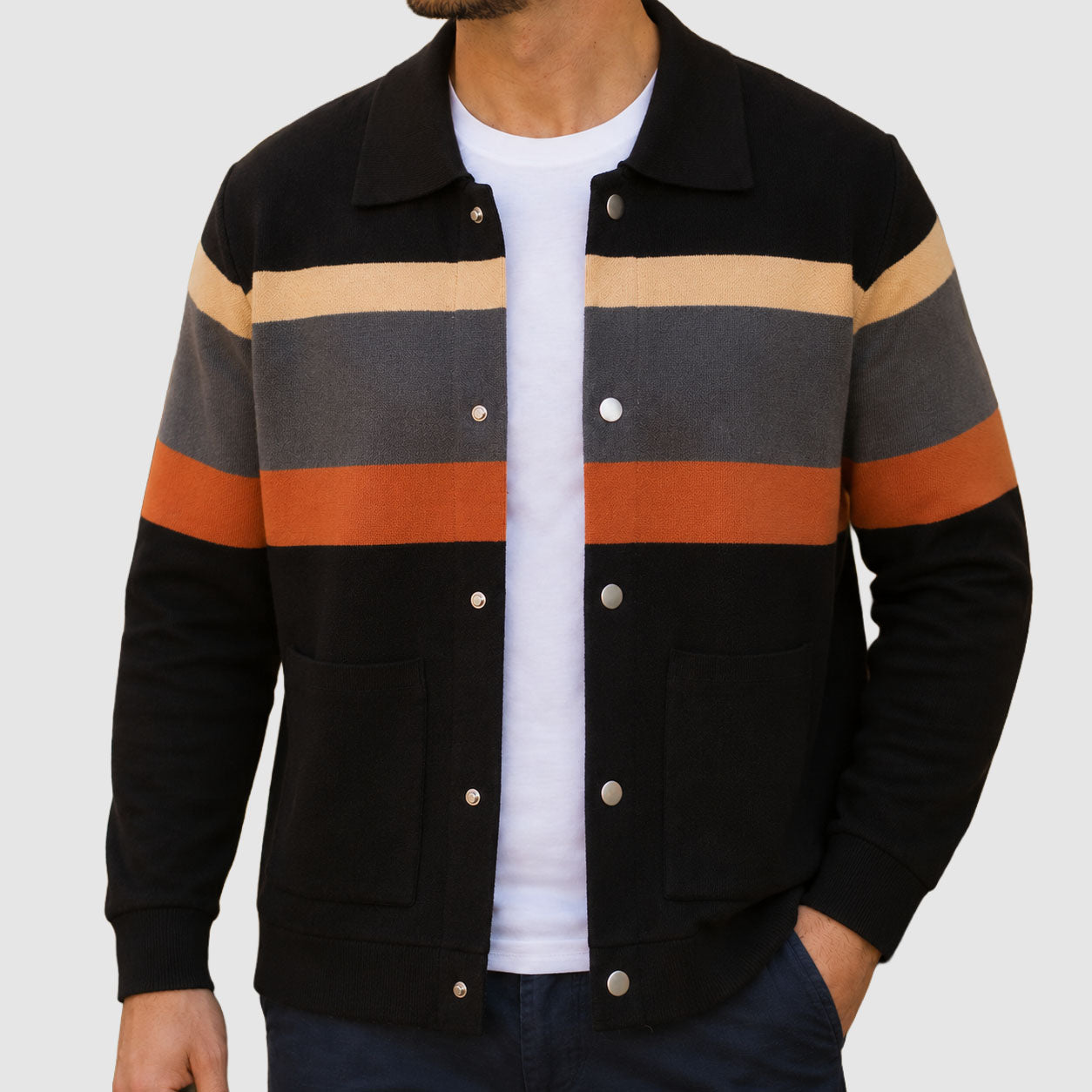 Kevin - Men's Colorblock Knit Jacket with Snap-Button Front