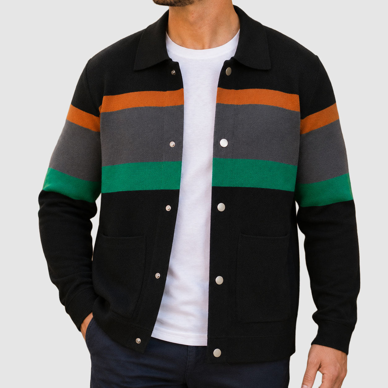 Kevin - Men's Colorblock Knit Jacket with Snap-Button Front