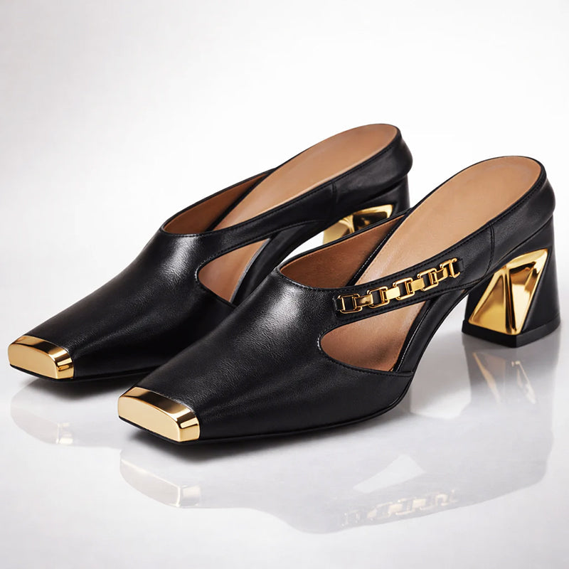Kimberly - Women's Square Toe Chain Detail Mule Heels