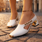 Kimberly - Women's Square Toe Chain Detail Mule Heels