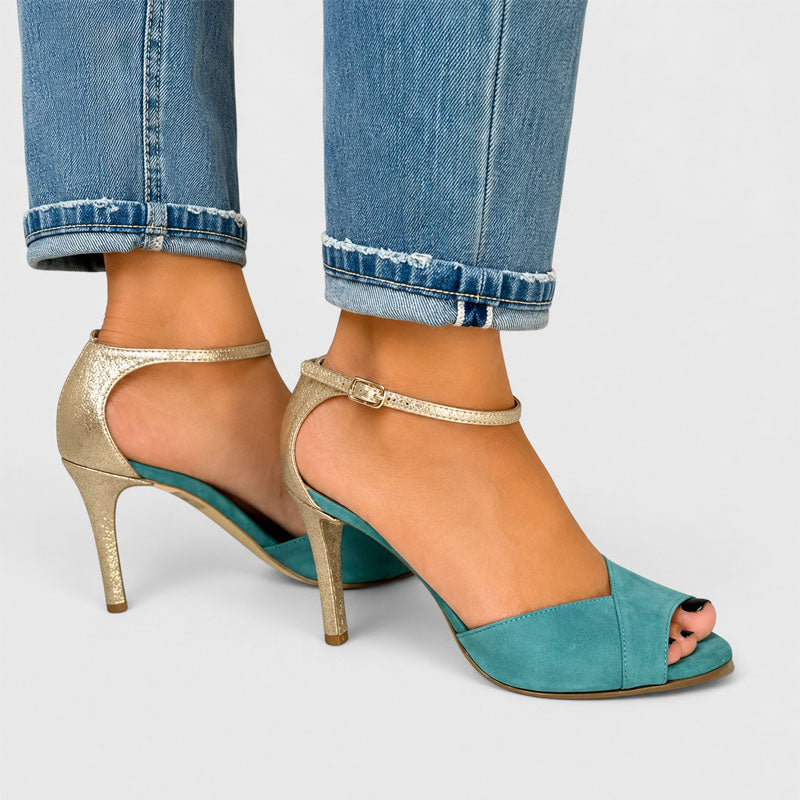 Kimberly - Women's Suede Vamp Metallic Ankle Strap Heels