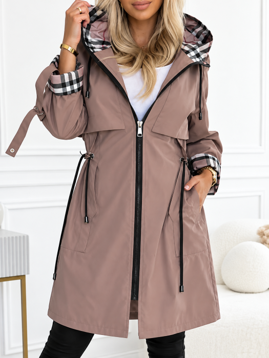 Klair - Women's Hooded Zip Rain Jacket with Checked Cuff Trim