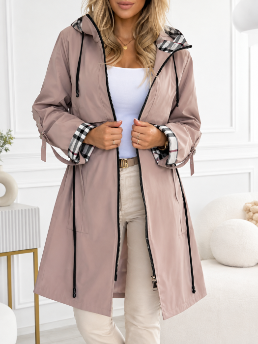 Klair - Women's Hooded Zip Rain Jacket with Checked Cuff Trim