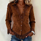 Kollyns - Women's Western Suede Fringe Button-Down Shirt