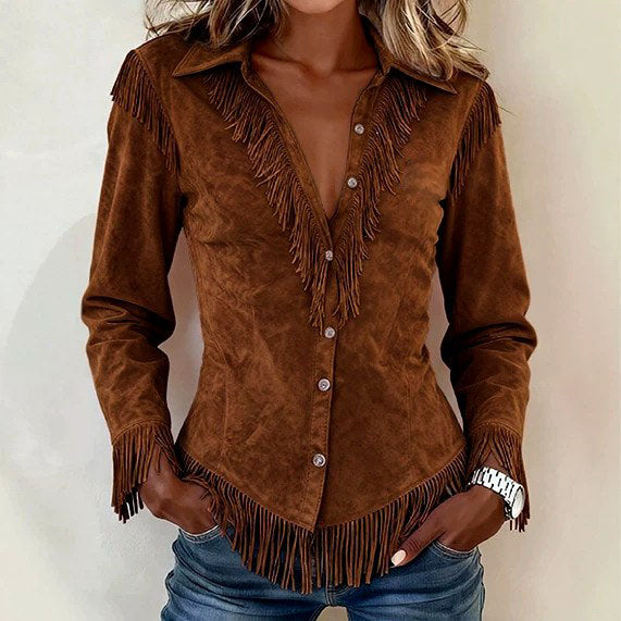 Kollyns - Women's Western Suede Fringe Button-Down Shirt