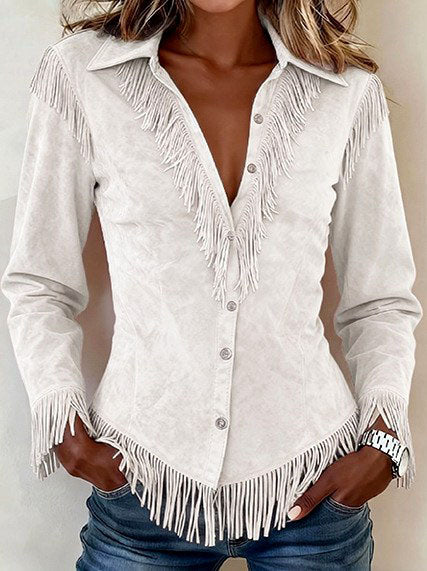 Kollyns - Women's Western Suede Fringe Button-Down Shirt