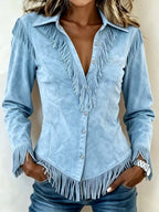 Kollyns - Women's Western Suede Fringe Button-Down Shirt