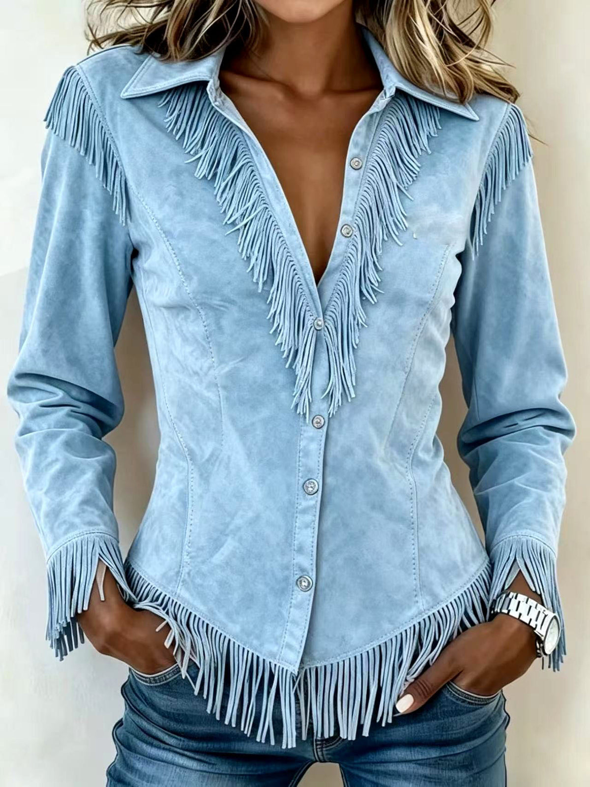 Kollyns - Women's Western Suede Fringe Button-Down Shirt