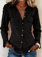 Kollyns - Women's Western Suede Fringe Button-Down Shirt