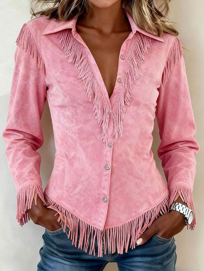 Kollyns - Women's Western Suede Fringe Button-Down Shirt