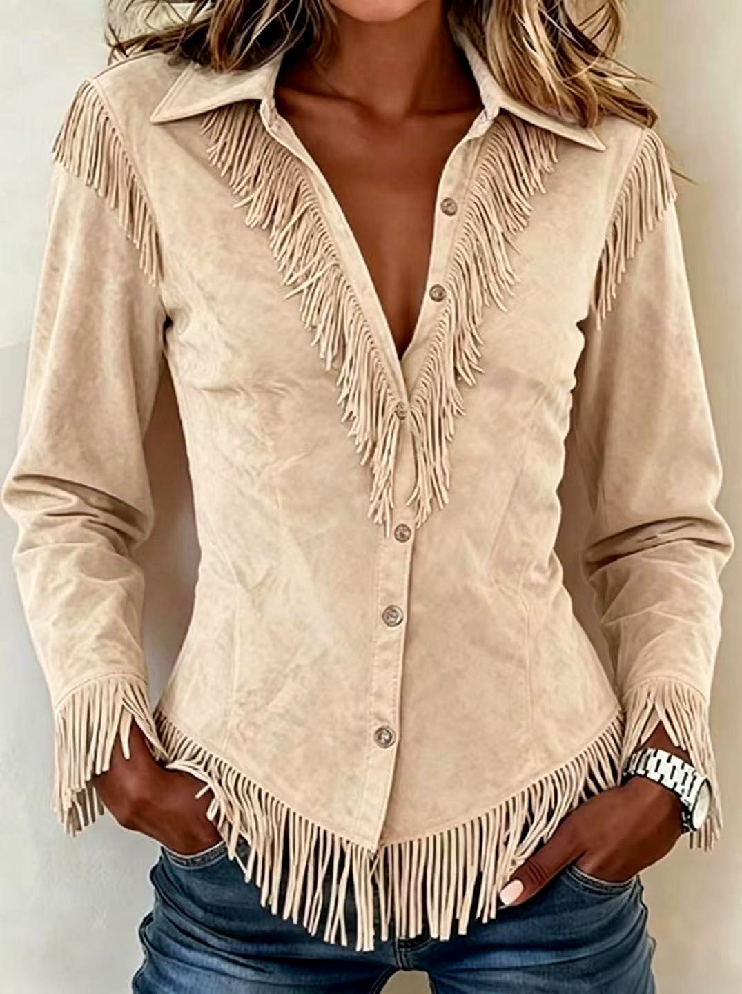 Kollyns - Women's Western Suede Fringe Button-Down Shirt