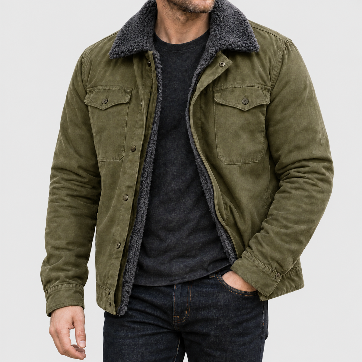 Lance - Men's Genuine Leather Sherpa-Lined Jacket with Snap Front