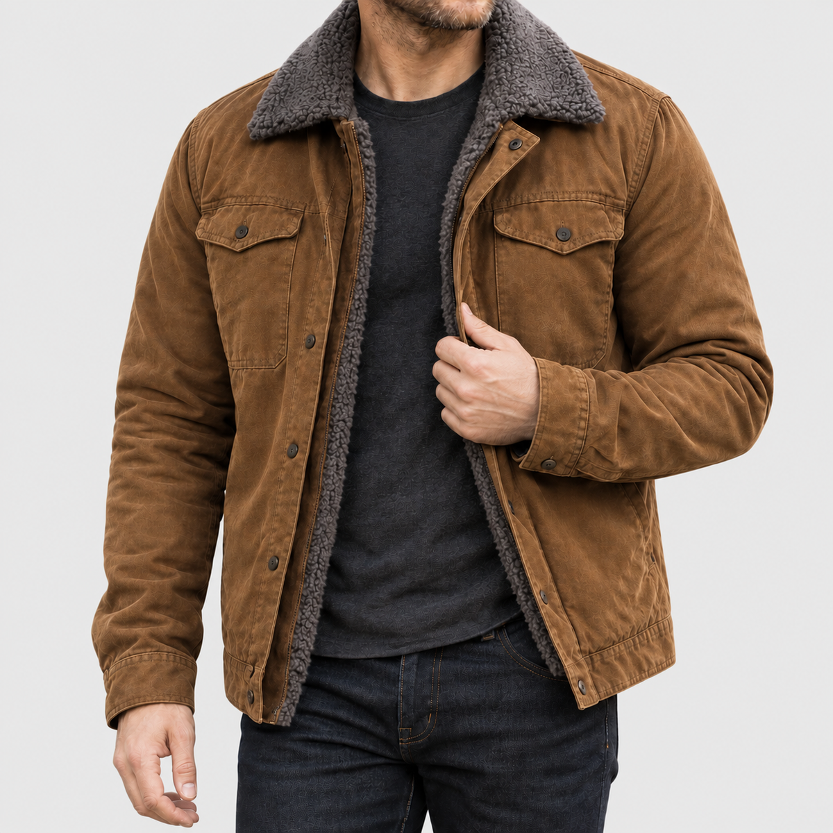 Lance - Men's Genuine Leather Sherpa-Lined Jacket with Snap Front