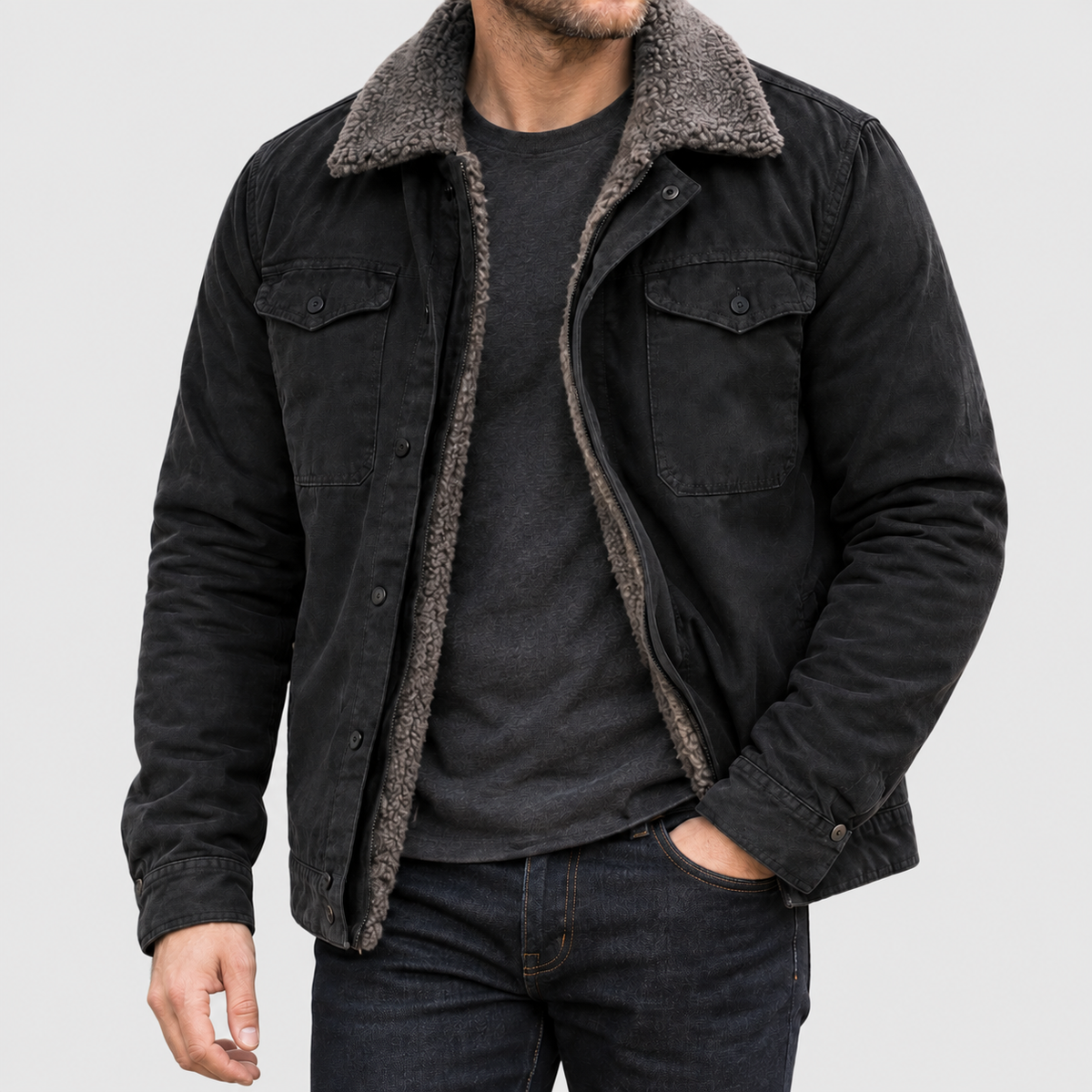 Lance - Men's Genuine Leather Sherpa-Lined Jacket with Snap Front
